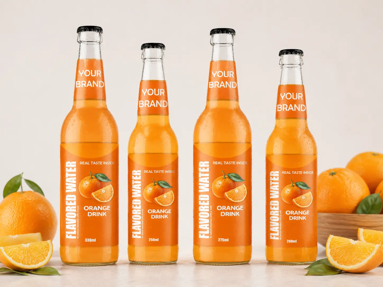 FLAVORED WATER Orange flavour in 200ml, 250ml, 275ml and 330ml glass bottles.